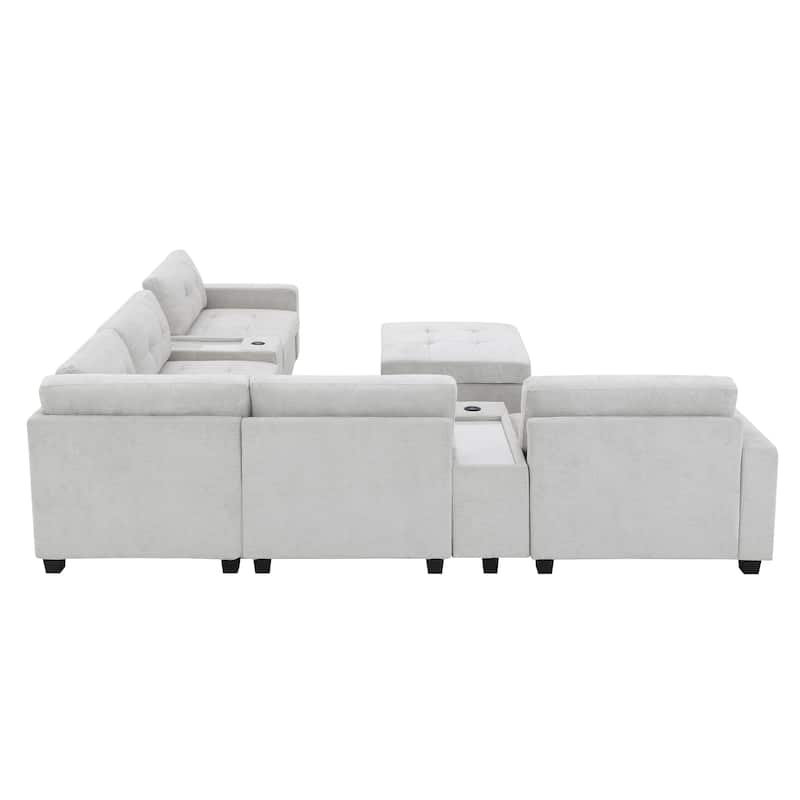 104" Chenille U-Shaped Sectional Sofa with USB & 2 Acrylic Side Tables