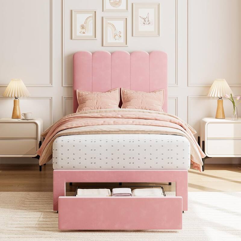 Twin Velvet Upholstered Platform Bed Frame with Wave Headboard & Drawer, No Box Spring Needed, Wood Slats, Noiseless