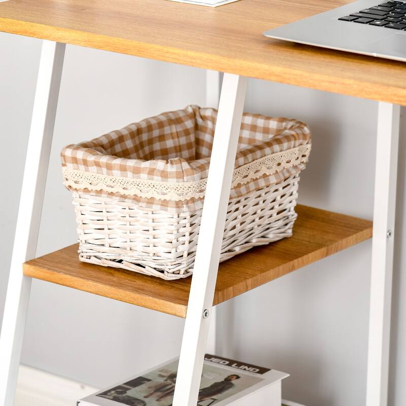 HOMCOM Computer Desk with 3-Tier Storage Shelves Study Writing Table Workstation for Home Office Small Space Natural