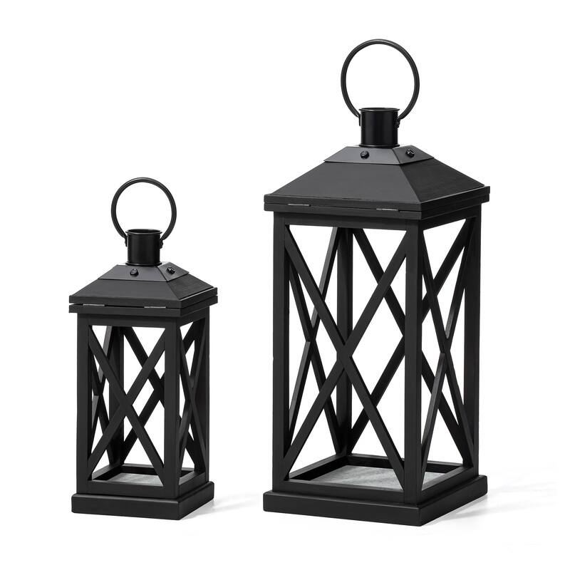 Glitzhome Set of 2 Farmhouse Wooden Lantern Hanging Candle Holders Fall Wedding Decor - 24"+17"