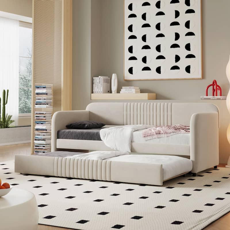 Twin Size Upholstered Daybed Sofa Bed with Trundle and Wood Slat, Light Blue/Beige/Gray - Beige