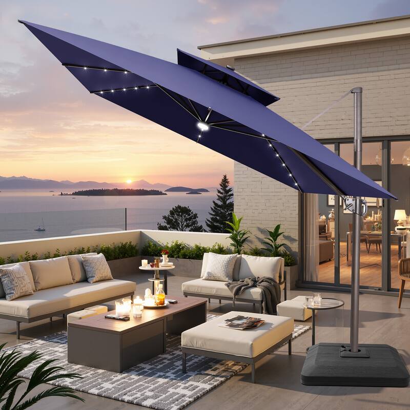 11 FT Square Outdoor Patio Cantilever Umbrella Solar LED Lighted with Weight Base