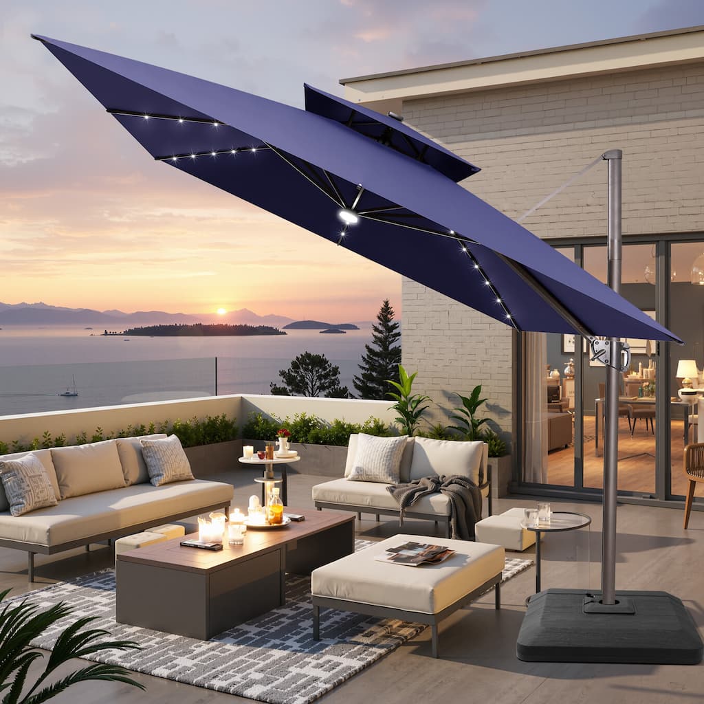 11 FT Square Outdoor Patio Cantilever Umbrella Solar LED Lighted with Weight Base