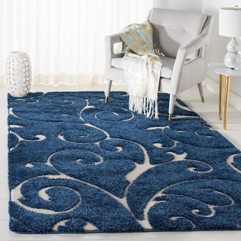 SAFAVIEH Florida Shag Shahin Scroll 1.2-inch Thick Textured Rug - 4' x 6' - Dark Blue/Cream