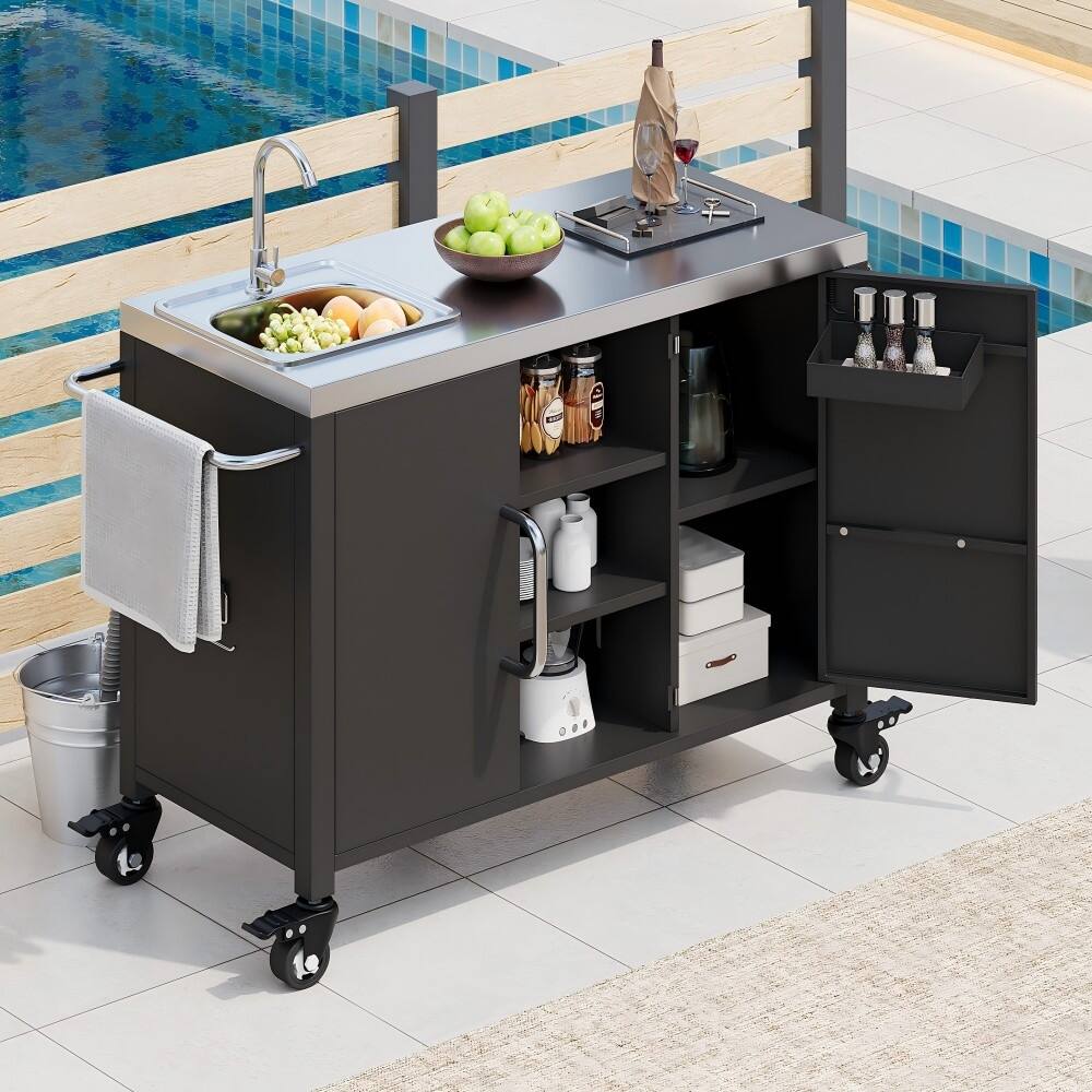 55.5" Outdoor Metal Kitchen Island with 304 Stainless Steel Sink and 4 Lockable Wheels