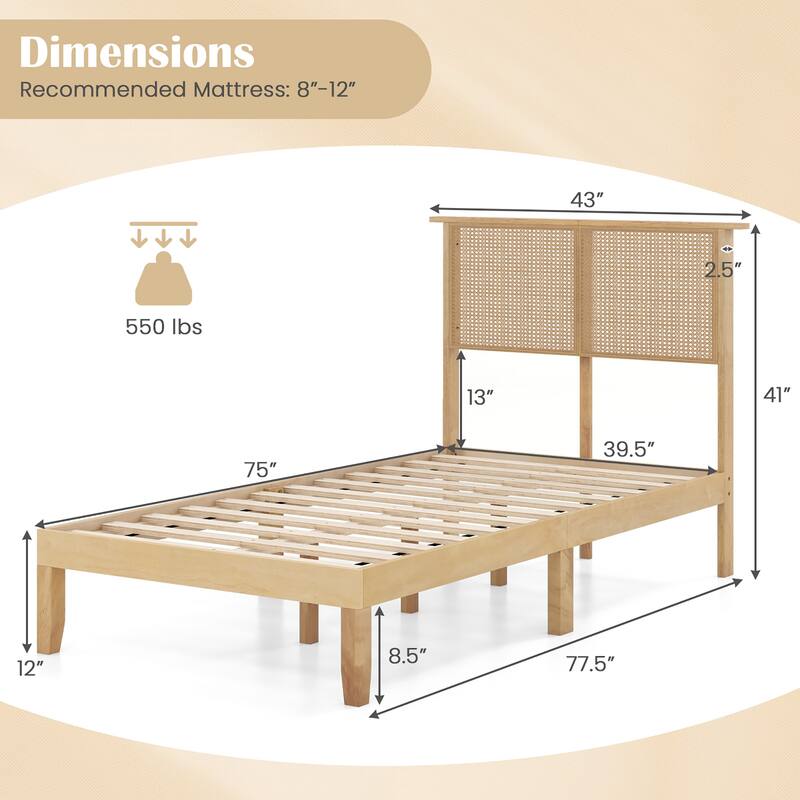 Gymax Twin/Full/Queen Size Bed Frame w/ Rattan Headboard 10 Solid Wood
