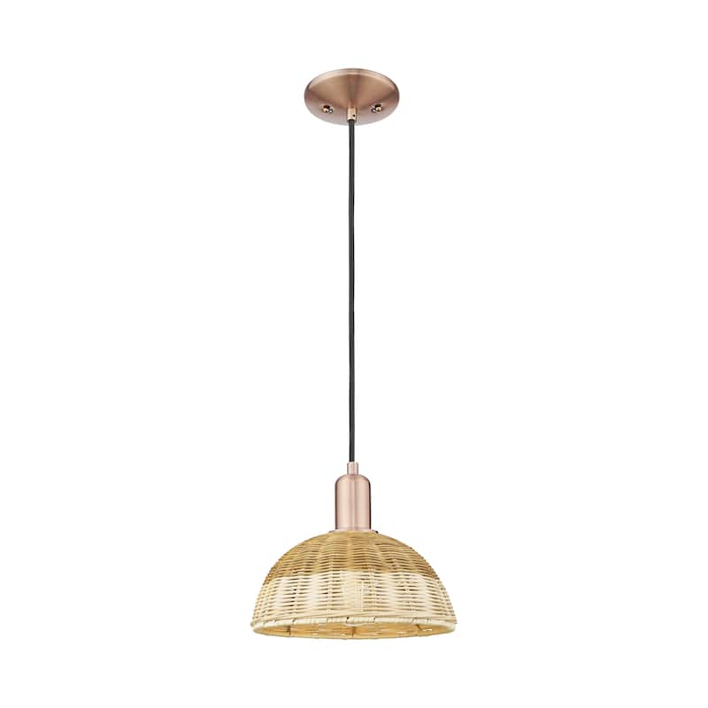 Innovations Lighting Downtown Urban - Natural Ballston Dome - 1 Light 9" Cord Hung Mini Pendant with Basketweave Shade - Antique Copper