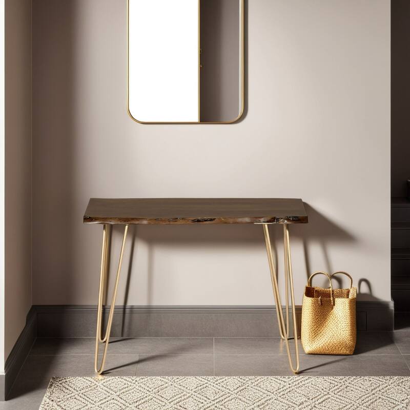 Wooden Top Console Table - 40" - Brown and Gold