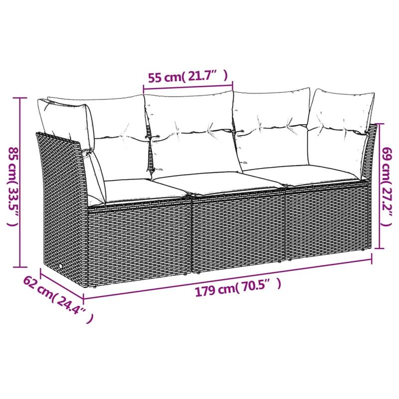 vidaXL Garden Sofa Set Grey PE rattan, Powder-Coated Steel, Polyester Fabric - 24.4 x 70.5 x 27.2