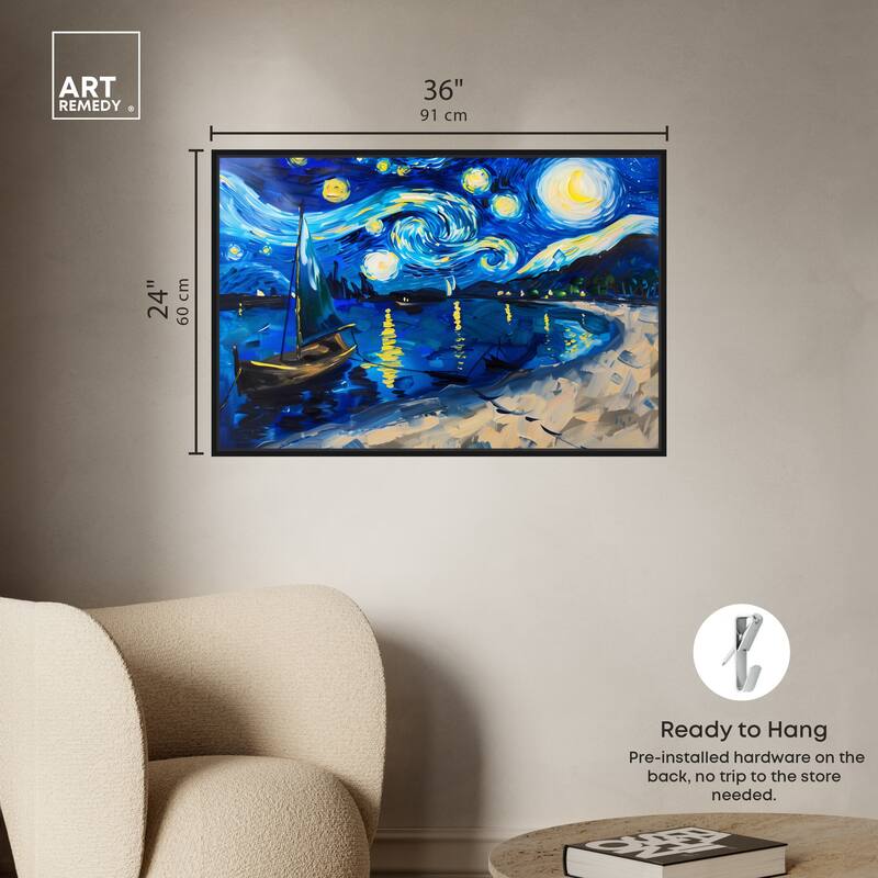Art Remedy Whimsical Night Sail Framed Impressionism 1 Piece Canvas Wall Art /Monet And Van Gogh Inspired Art