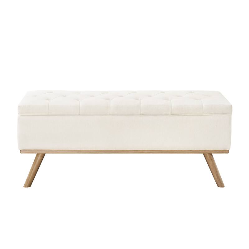 Mid-Century Modern Upholstered Storage Ottoman Button Tufted Fabric Storage Bench with Linen Seat - 17.5 D X 50.4 W X 20.5 H
