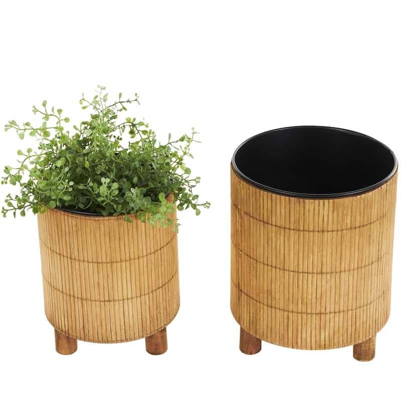 Bamboo Wood Handmade Indoor Planter with Black Metal Interior - Set of 2 Brown - Roche River Decor - Brown - 9", 8"H