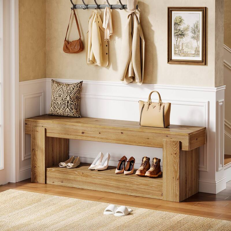 63 Inch Solid Wood Shoe Bench Entryway with Storage, 2-Tier Storage Bench for Bedroom End of Bed - Rustic Brown