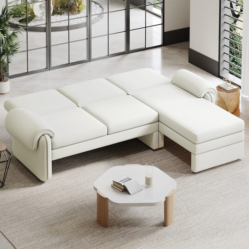 94.1" Convertible Futon Sofa Bed, Adjustable Backrest, Reversible Chaise, Detachable Pillows, Beige Chenille Upholstery