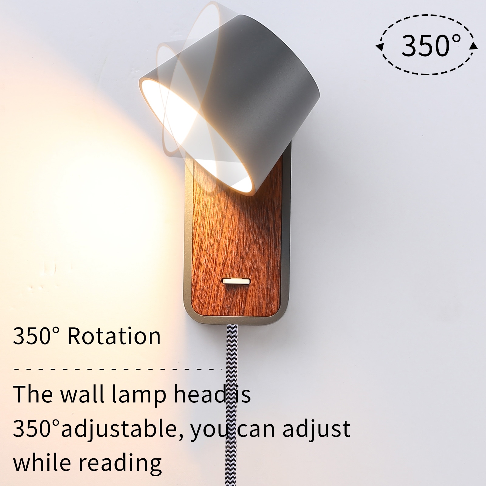 TRA-Modern White Plug In Wall Lamps With Warm 2700k Lighting 350 Rotary Lights Adjustable Head Spotlights Bedside Headboard Lamps Switch Cord Mounted Fixture