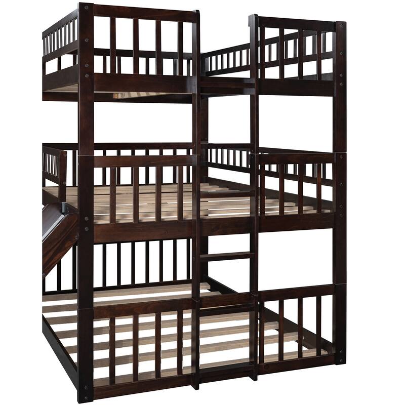 Triple Full-Size Bunk Bed with Ladder, Slide, and Guardrails in Espresso Finish