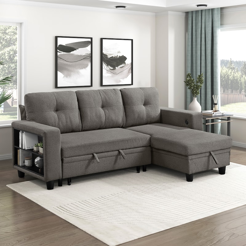 Hazel Boucle Sectional Sofa - Reversible Chaise, Pull-out Bed, Shelves