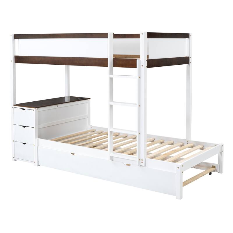 Twin-Over-Twin Bunk Bed with Trundle, Storage, and Desk, Space-Saving Design, USB Ports, Ideal for Overnight Guests