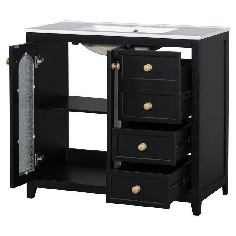 36" Green Bathroom Vanity with Ceramic Sink, Gold Metal Handles, Patterned Glass Doors, 3 Drawers & Adjustable Shelf