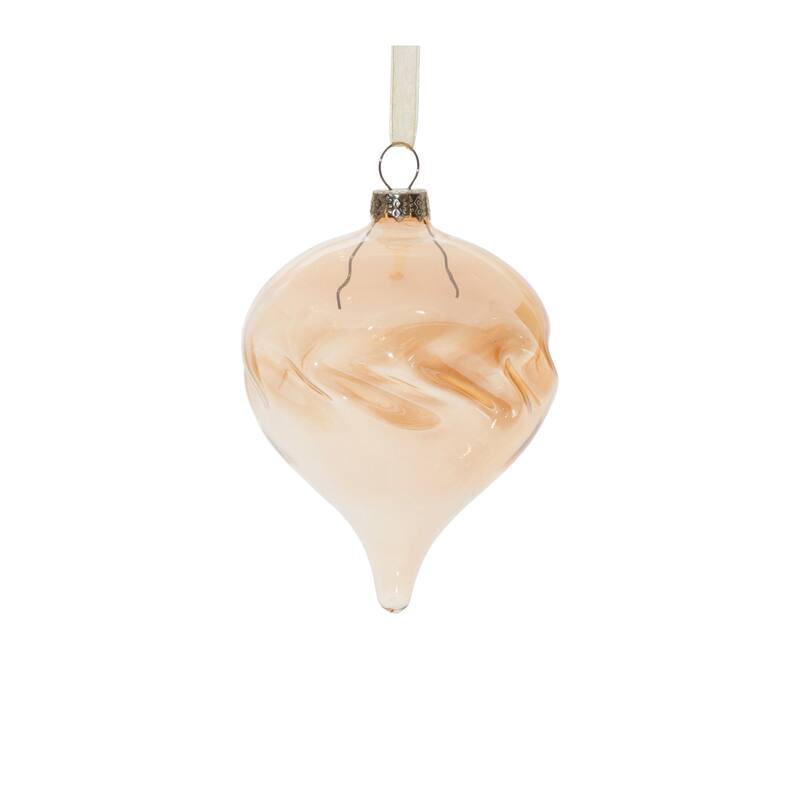 12 Glass Christmas Ornaments Set with Amber Ombre Wavy Design and Ribbon - 3.25" x 3.25" x 4.25