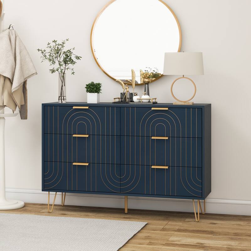 Modern 6 Drawer Dresser, Modern Dresser with Metal Handles, Storage Chest of Drawer, Wide Dresser Drawer Organizers - Dark Blue