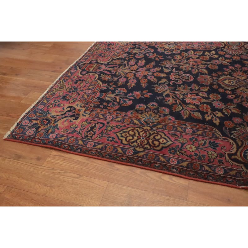 Hand Knotted Oriental 100% Wool Carpet Traditional Floral Navy Blue & Blues Kashan Area Rug - 4' 11'' X 3' 6''
