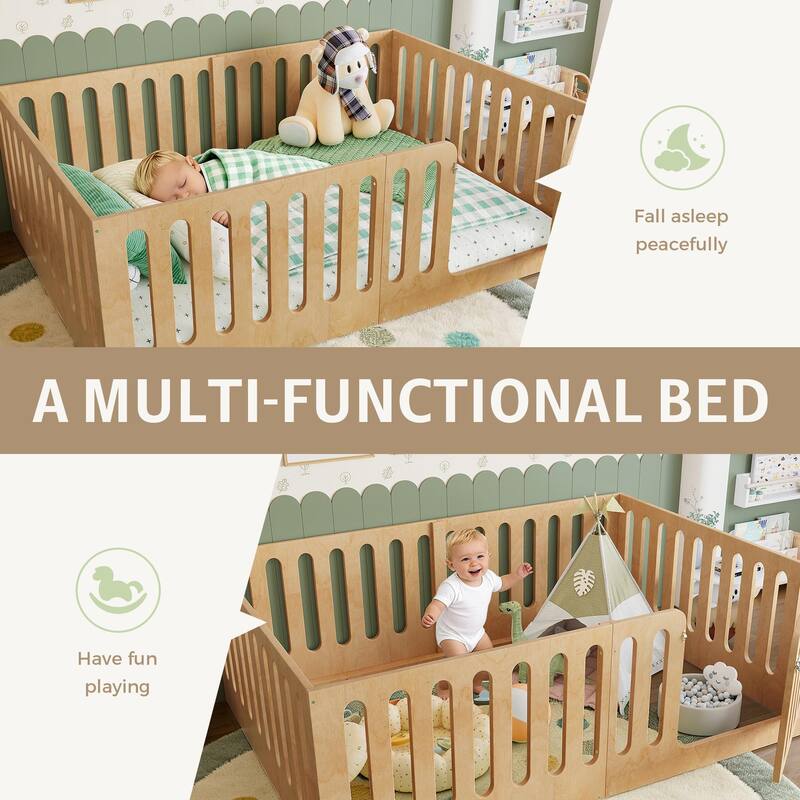 Full Size Floor Bed with High Fence for Kids, Solid Wood Kids Montessori Bed with Door, No Box Spring Needed Design