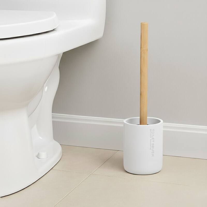 Chic Matte Toilet Brush Holder Set with Natural Bamboo Handle - 4 L x 4 W x 14.8 H - White