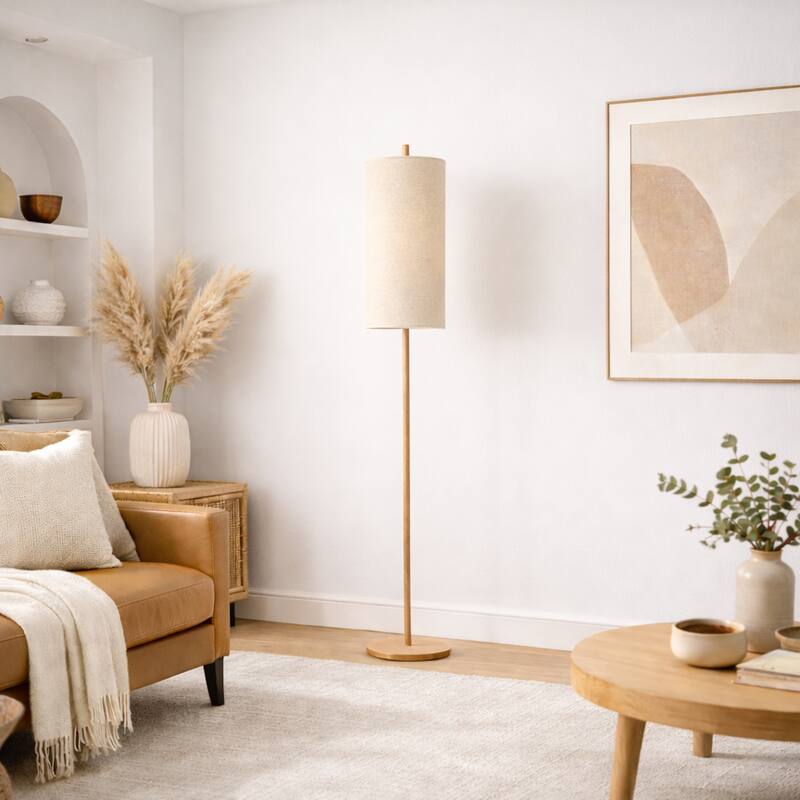 Alicia Natural Wooden Floor Lamp with Cylindrical Woven Shade