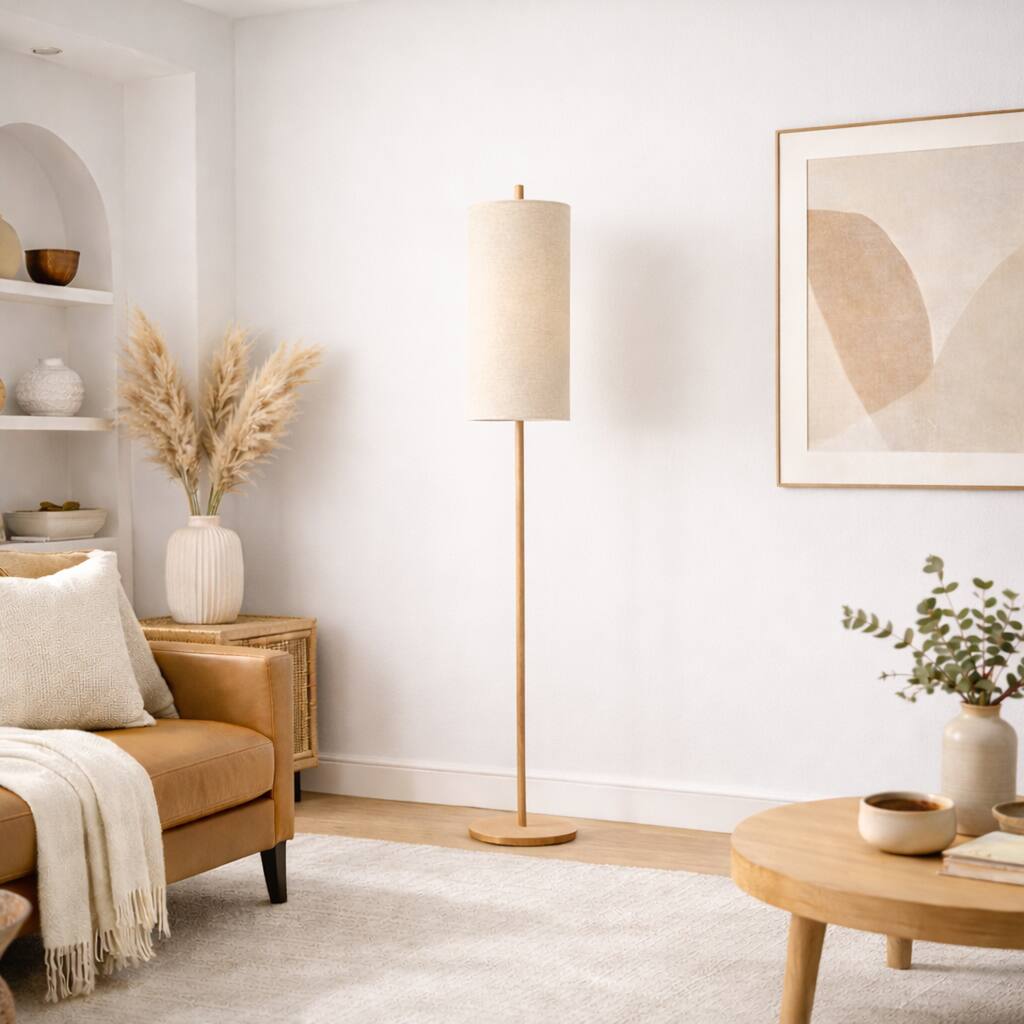 Alicia Natural Wooden Floor Lamp with Cylindrical Woven Shade