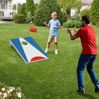 3 x 2FT Portable Cornhole Set with Foldable Legs and Side Handle - Blue & Red & White
