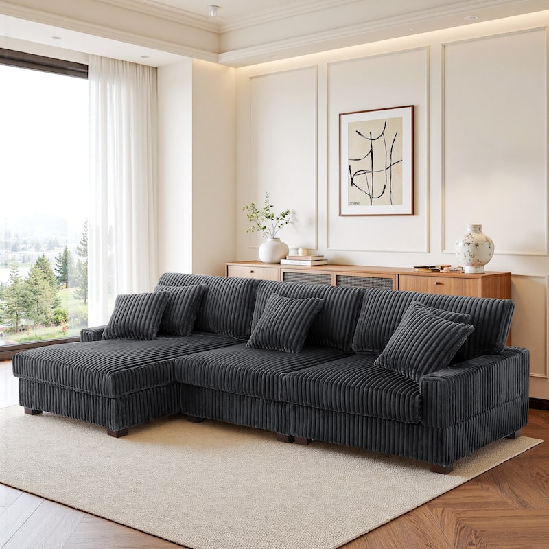 118.3" W Plush Corduroy Square Arm Upholstered Sectional Modular Sofa - Grey - Left Facing