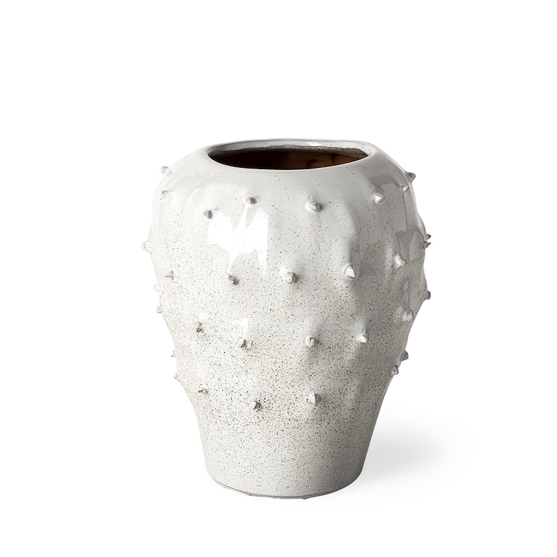 White Spiked Organic Glaze Large Mouth Ceramic Vase - 8" W x 11" H x 8" D