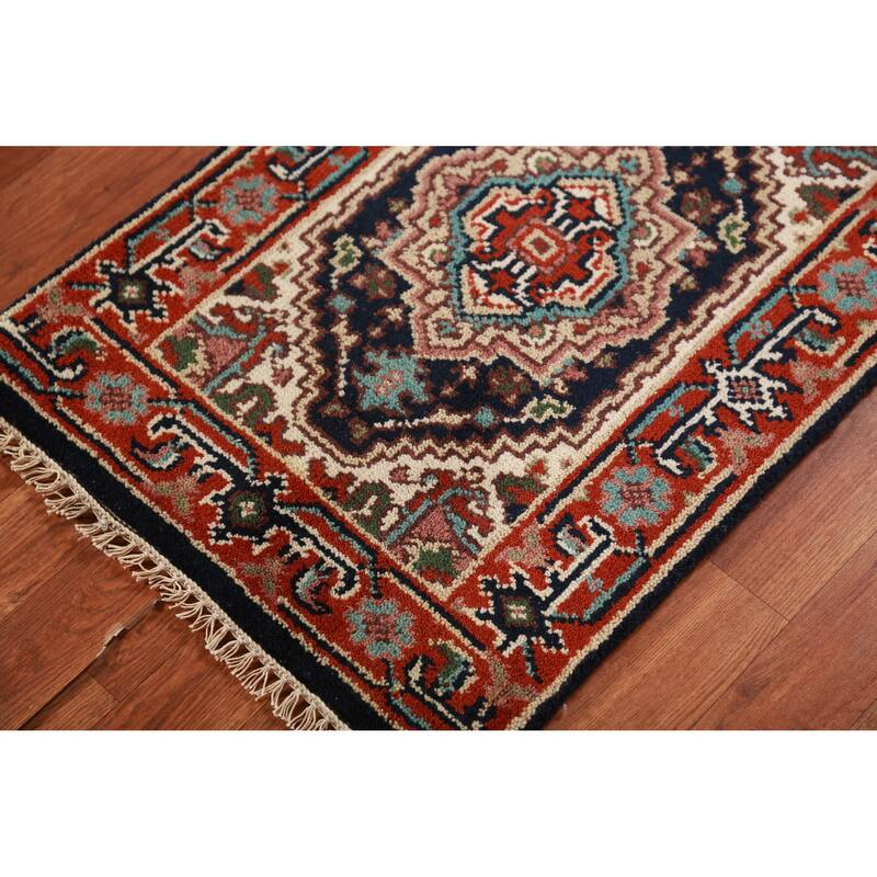 Hand Knotted Oriental 100% Wool Carpet Traditional Medallion Navy Blue & Blues Heriz (serapi) Area Rug - 3' 0'' X 2' 0''