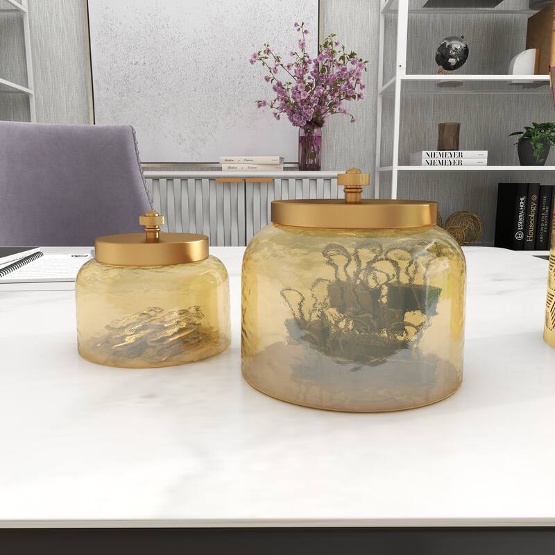 CosmoLiving by Cosmopolitan Gold Glass Living Room Decorative Jars with Metal Lids (Set of 2)