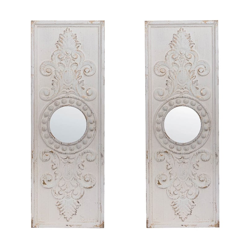 Modern Wooden Wall Art Panels with Round Mirror Accents (Set of 2)