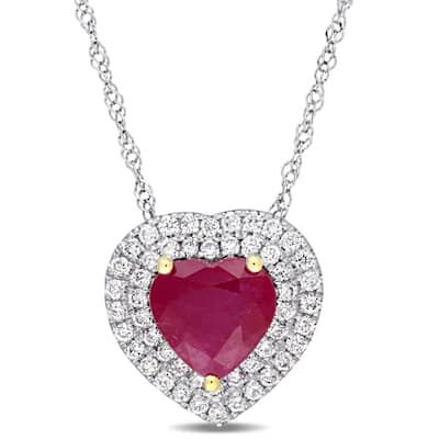 Miadora Signature Collection 14k White Gold with Yellow Gold Prongs Heart-Cut Ruby Diamond Double Halo Necklace - Red