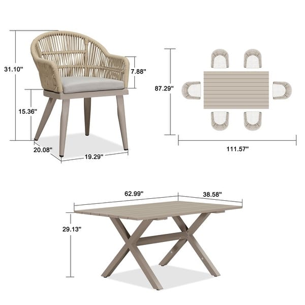 dimension image slide 0 of 3, PURPLE LEAF 7 Pieces Patio Dining Set with Outdoor Aluminium Square Dining Table and Woven Rattan Chairs