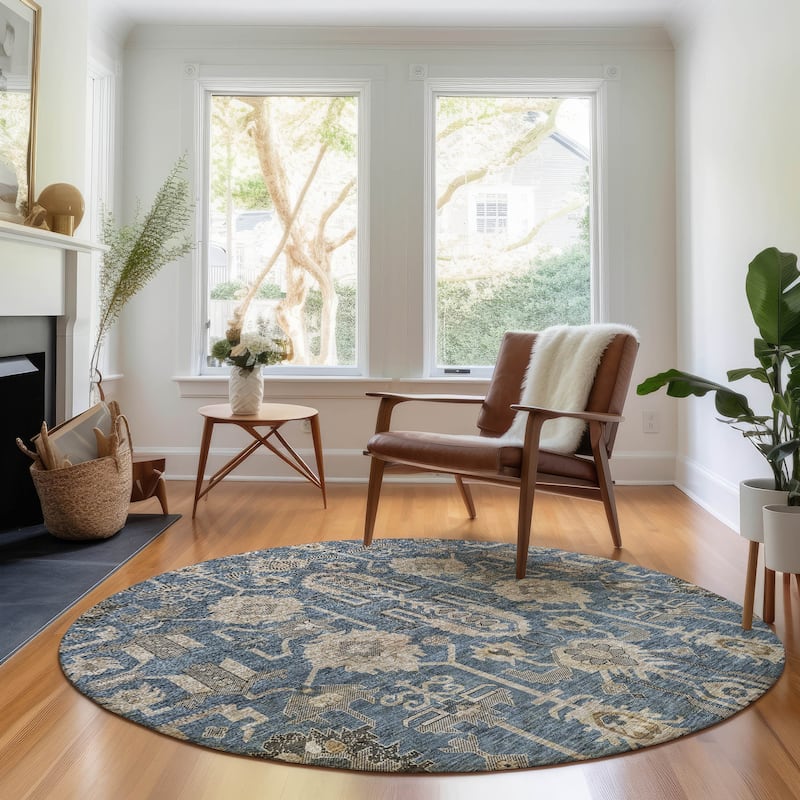Premium Washable Super Soft Traditional Global Mayfield Rug - Navy - 8' x 8' - Round