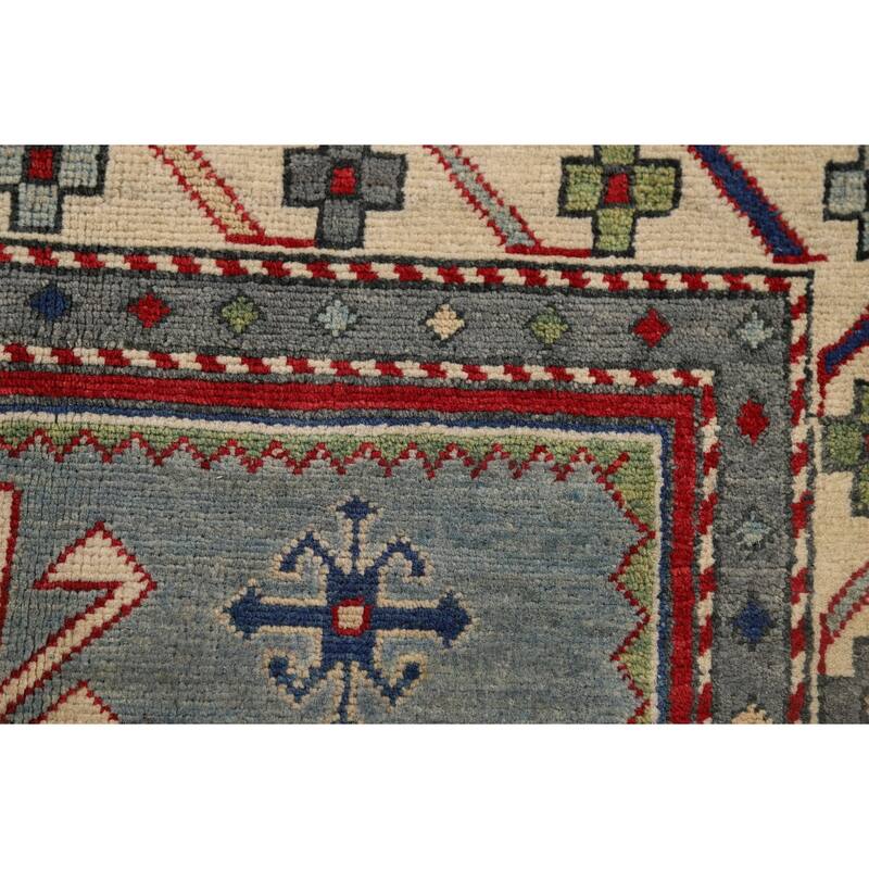 Light Blue Geometric Kazak Accent Rug Handmade Wool Carpet - 3'3" x 4'11"