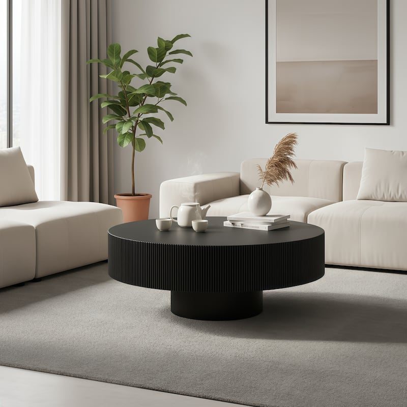 Round Fluted Coffee Table with Sturdy Pedestal, Mid-Century Modern Accent Table for Living Room & Small Spaces