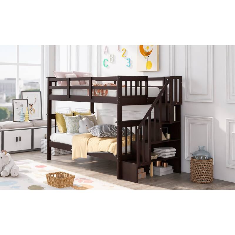 Space-Saving Twin Bunk Bed with Staircase Storage and Safety Guardrails, Gray