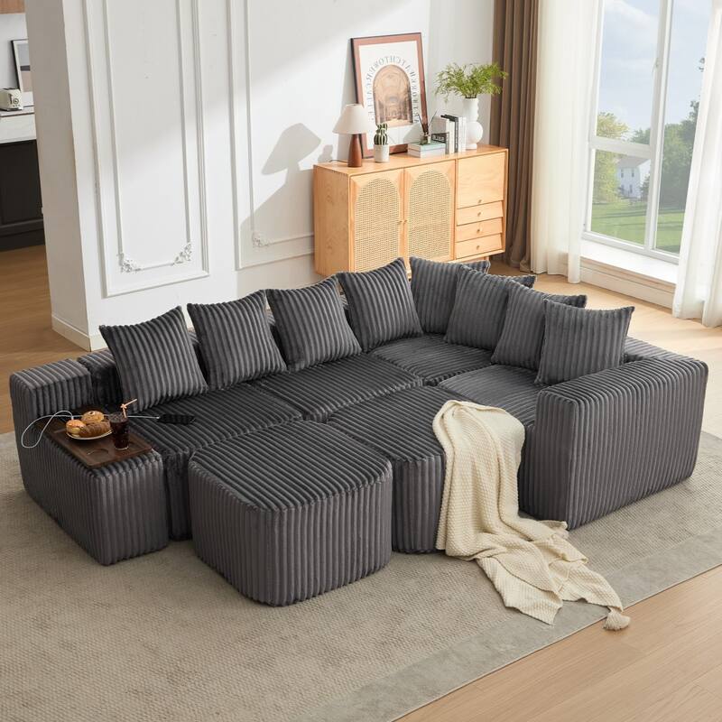 137.5" U-Shaped Sectional Sofa with Coffee Table Board and Ottoman