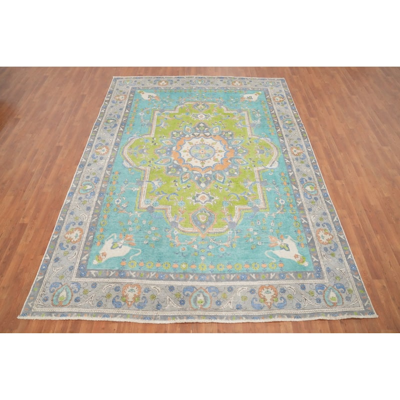 Hand Knotted Oriental 100% Wool Carpet Traditional Floral Green Tabriz Area Rug - 10' 6'' X 7' 9''