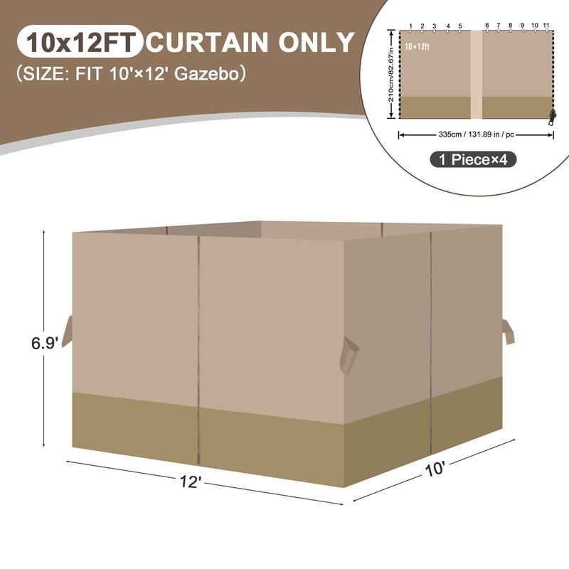 Aoodor Gazebo Curtain Replacement-Universal 4-Panel Sidewalls 10'x12', Curtain Only
