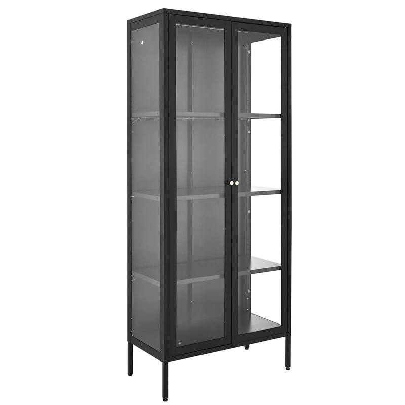 4-Tier Curio Cabinet with Tempered Glass Doors and Adjustable LED Lights and Sturdy Steel Frame - 27.99” × 14” × 66”