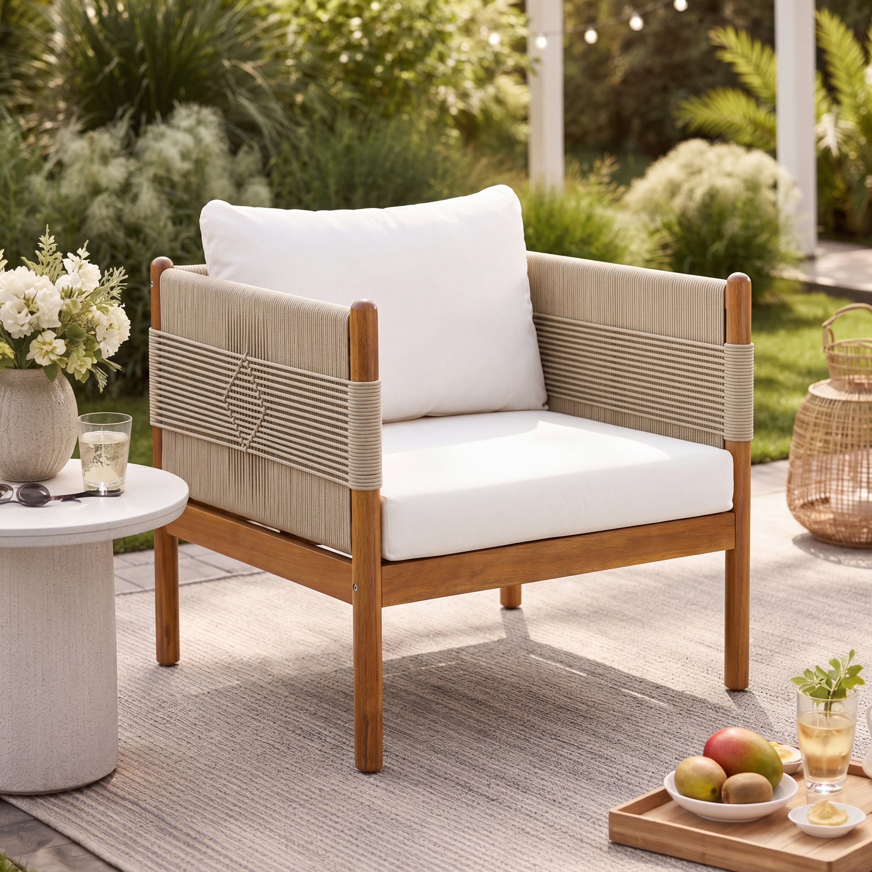 Outdoor Acacia Wood Club Chair with Diamond Rope Weave and Weather-Resistant Cushions