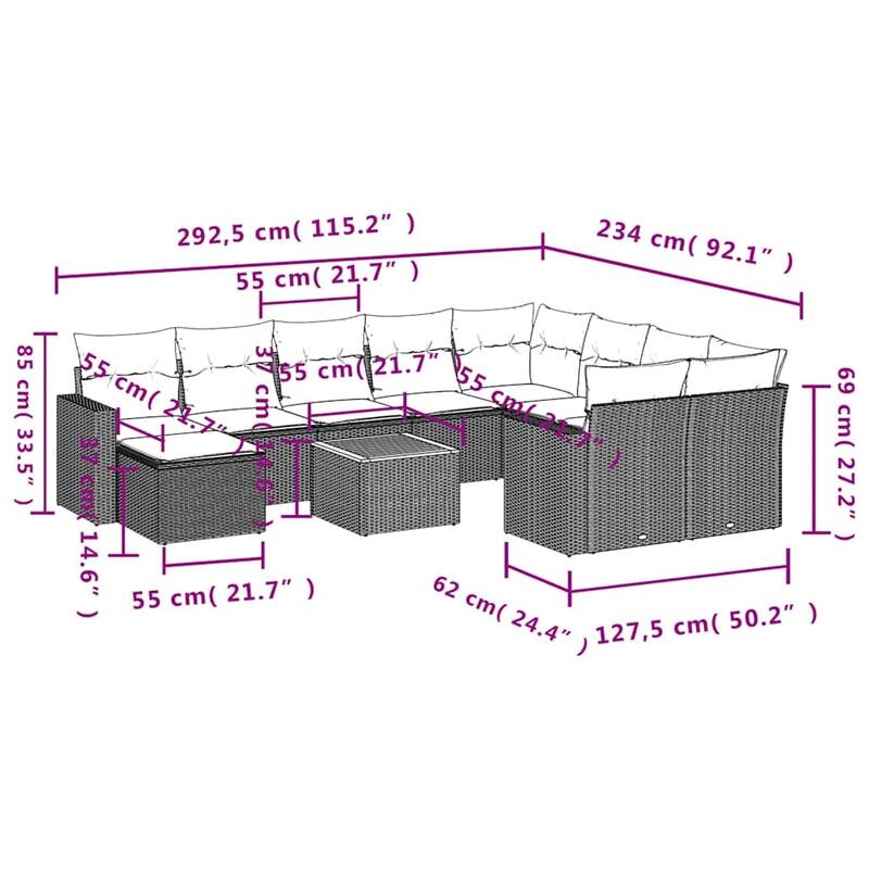 vidaXL 11 Piece Patio Sofa Set with Cushions Black Poly Rattan - 24.4x24.4x27.2