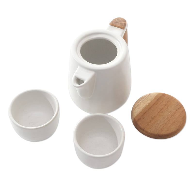 Novica Handmade Midday Tea In White Ceramic And Teak Wood Tea Set (Set For 2)
