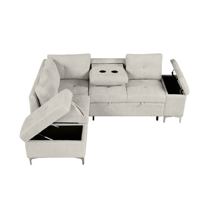88.2" Chenille L-Shaped Sofa with Bed, Storage, Cup Holders, USB